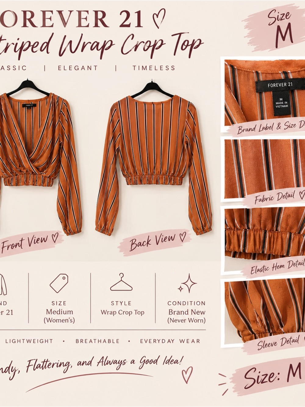 Striped Wrap Crop Top in Rust with Long Sleeves